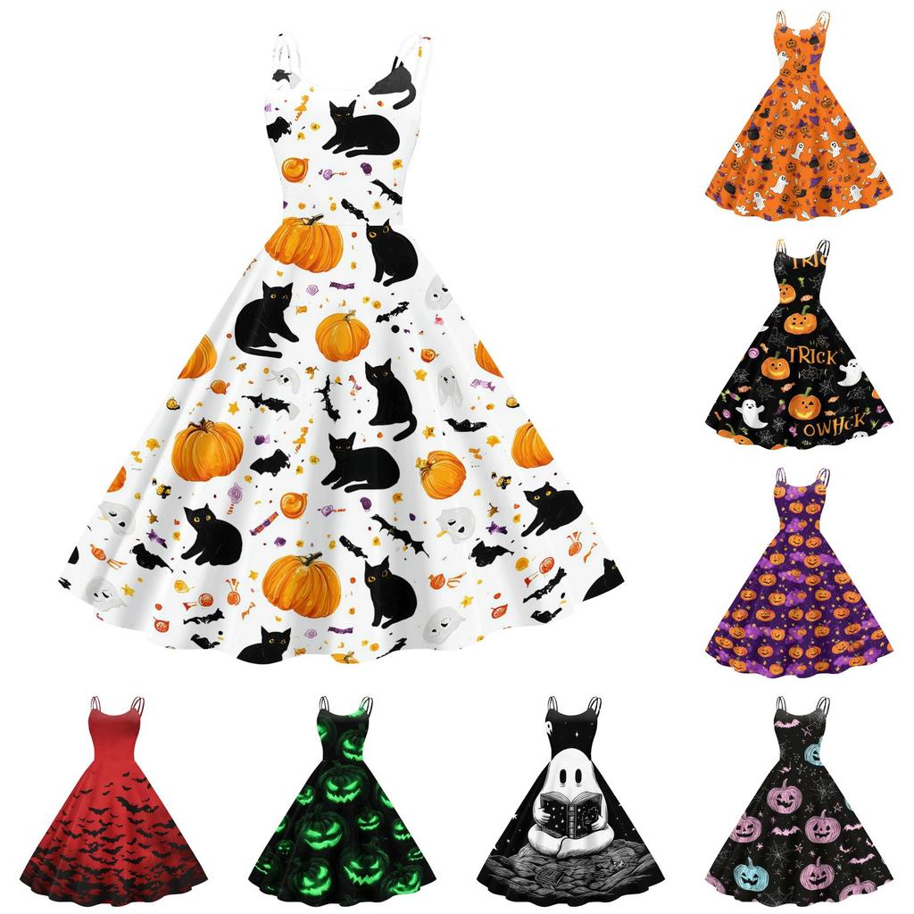Women Off Shoulder Halloween Print Flared Vintage Dress with Spaghetti Straps and for Party or Casual Wear