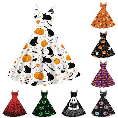 Damen schulterfreies Halloween-Print-Ausgestelltes Vintage-Kleid mit Spaghettiträgern für Party oder Freizeit