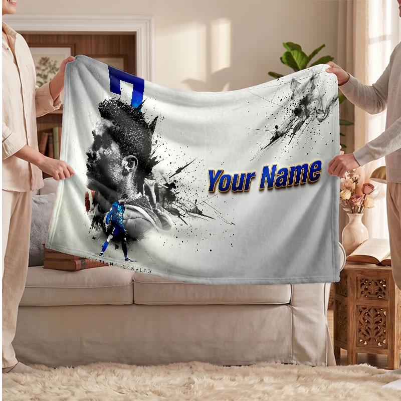 Coperta Personalizzata in Pile Cristiano Ronaldo con Logo Calcio, Testo Nome Personalizzato Morbida Calda Coperta da Divano per la Casa