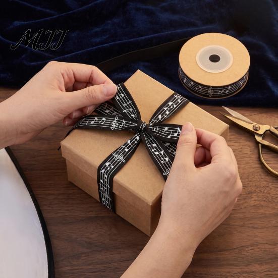 Cotton Ribbon for Gift Wrapping Black and White Musical Notes Ribbon, 5/8" x 11 Yards Music Skin Friendly Trim Note Printed DIY Crafts Party