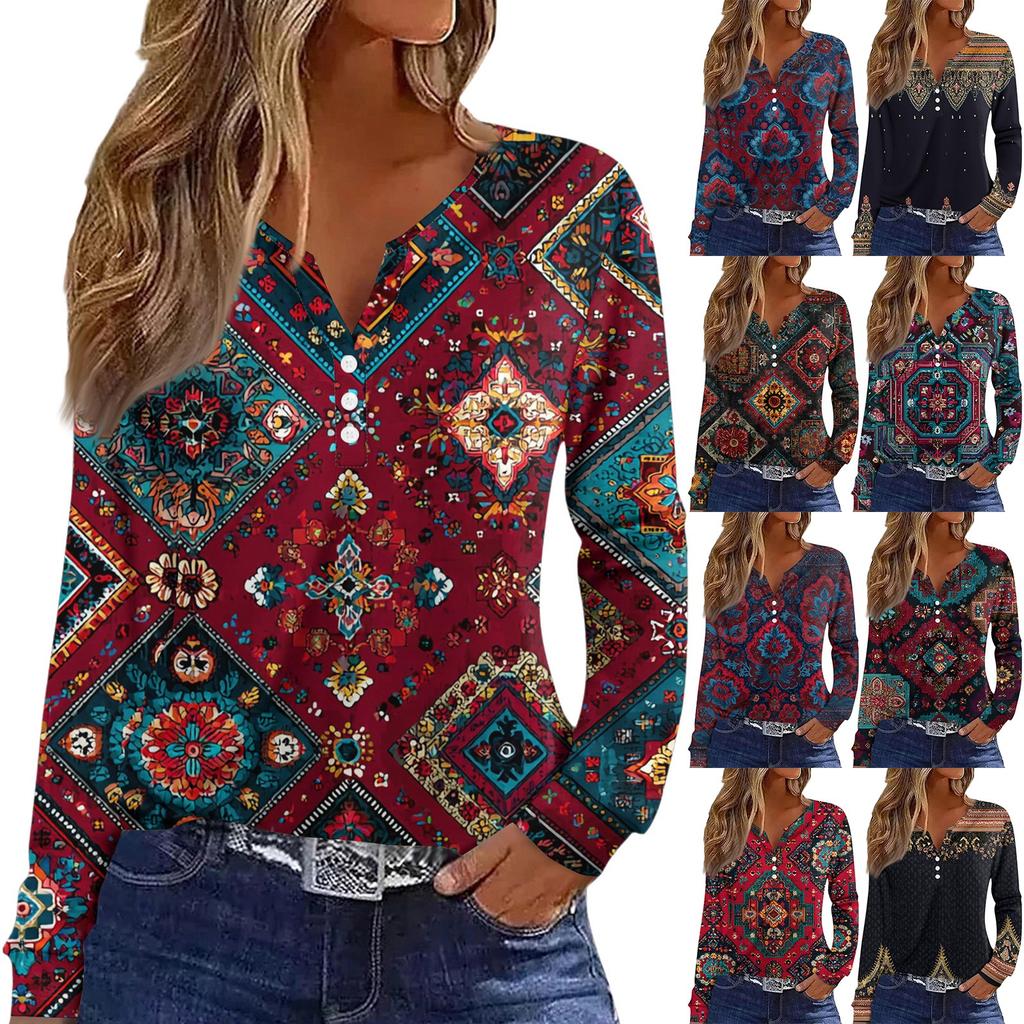 Women's T Shirt Tee Button Long Sleeve Daily Weekend Fashion Basic V- Neck Regular Top