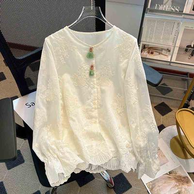 Frühlings-Jacquard-Stickspitze-Hemd im chinesischen Stil mit langen Ärmeln, elegante Damenmode-Oberteil