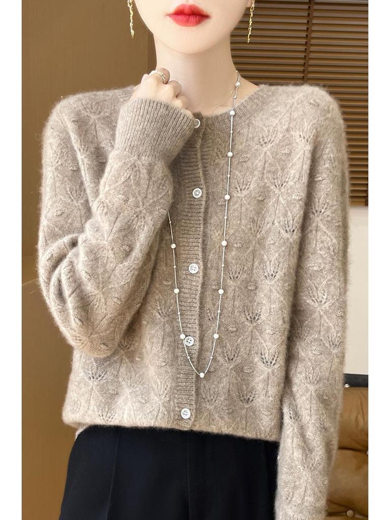 2024 Early Autumn Women's Merino Wool Round Neck Knit Cardigan with Hollow Details