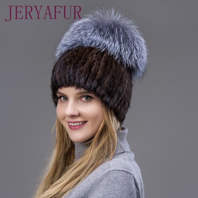 JERYAFUR, зимняя модная вязаная шапка с мехом норки, шапочки, женские повседневные уличные лыжные шапки, толстая теплая шапка оранжевый