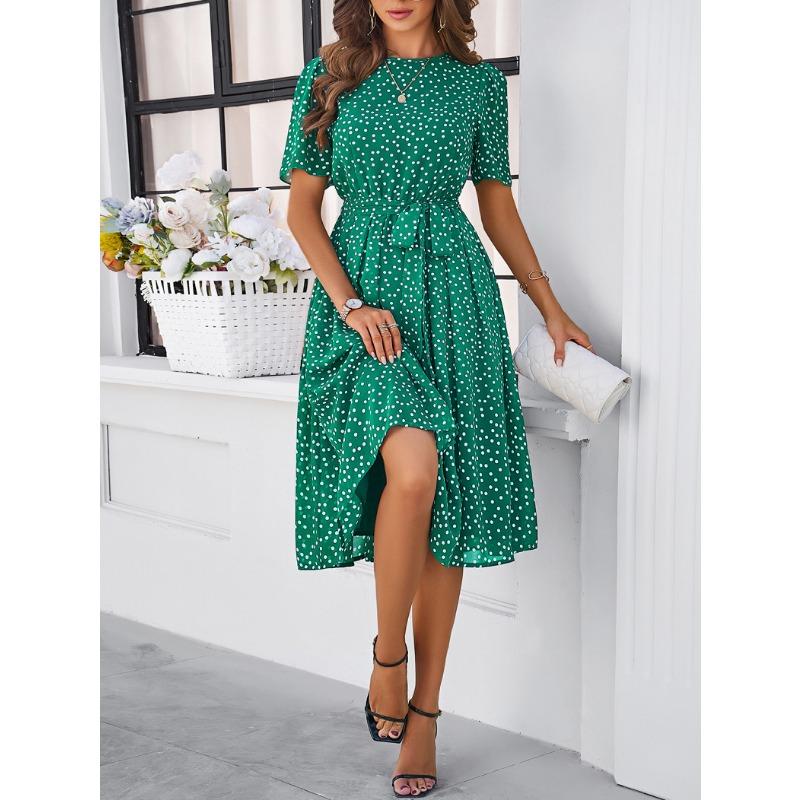 2025 Spring and Summer Fashion Versatile Temperament Casual Polka Dot Tie Long Dresses Dresses for Women