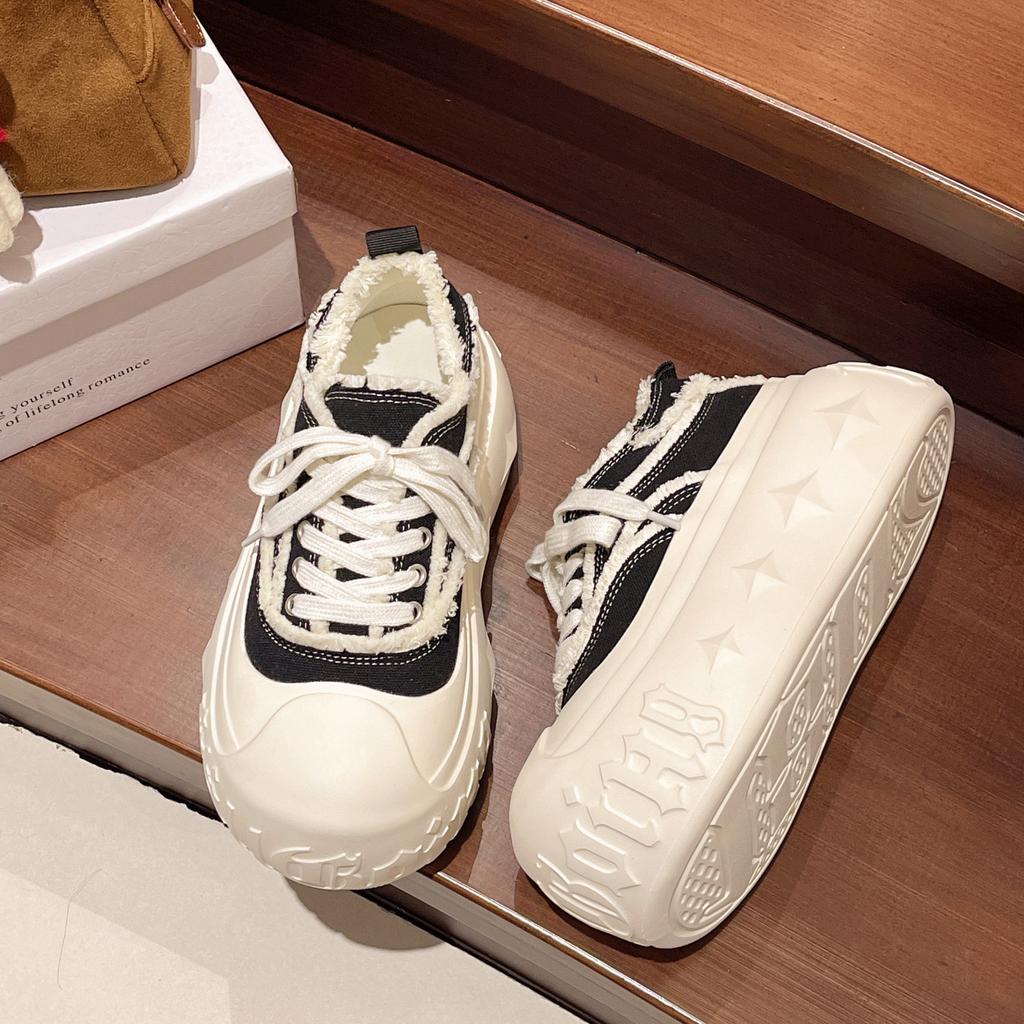 European denim big head muffin platform bread shoes women's canvas shoes lace-up versatile small height-increasing casual shoes
