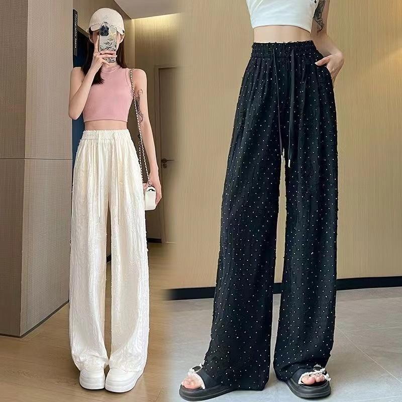 Y2k Streetwear Diamonds Wide-legged Pants Grunge Hole Women Clothing High Waisted Baggy Straight Pants Design Chic Trouser