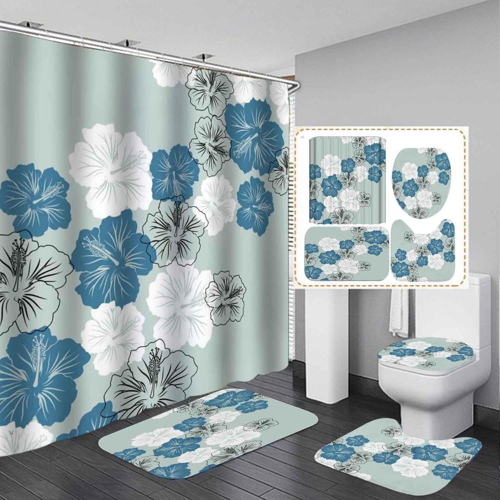 Elegant Blue Flower Shower Curtain Set Waterproof Bathtub Curtains Non-Slip Rugs Bath Mat Toilet Lid Cover Bathroom Set Decor