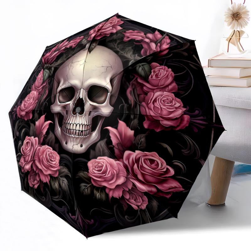Zewnętrzny Automatyczny Parasol z Wzorem Czaszki, Składany Design z 8 Żebrami, Wytrzymały, Lekki, Na Każdą Porę Roku, Elegancki Damski Parasol