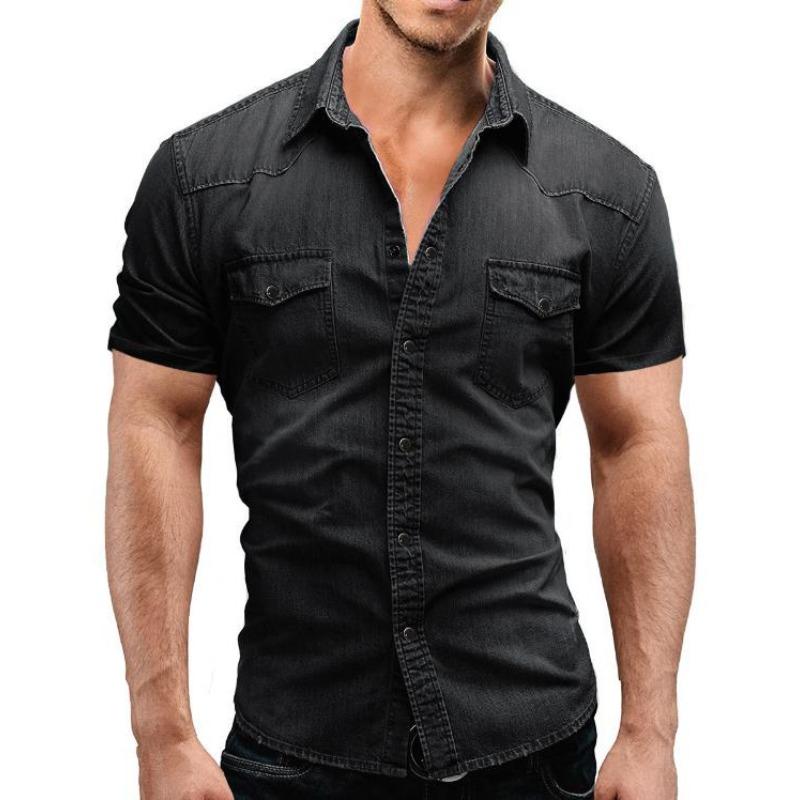 

Summer Casual Solid Color Men s Denim Short-sleeved Shirt Casual Shirt L