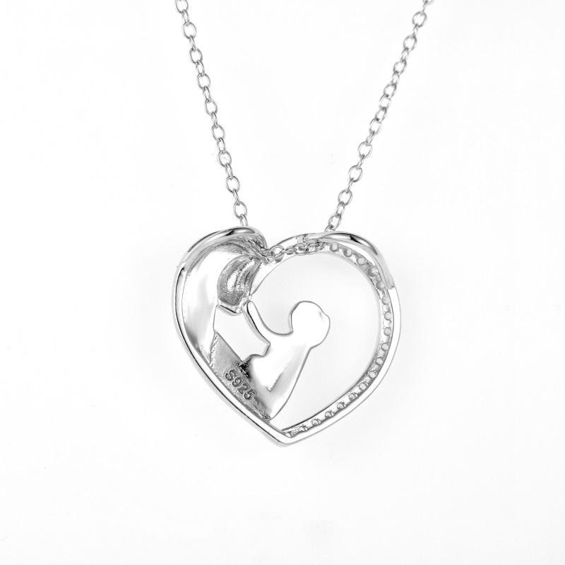 Mother with Child Real Zircon Heart Pendant In Sterling Silver Mothers Day GIft