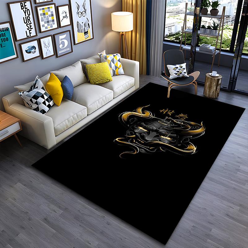 "Black Carpet with Golden Mask Design, Japanese-Style Modern Decor" Suitable for use as an anti-slip for living room bedroom sofas