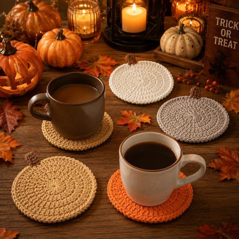 4PCS Crochet Pumpkin Coasters Halloween Fall Table Decor Knit Cup Mats for Coffee Mugs Cup Holders 5