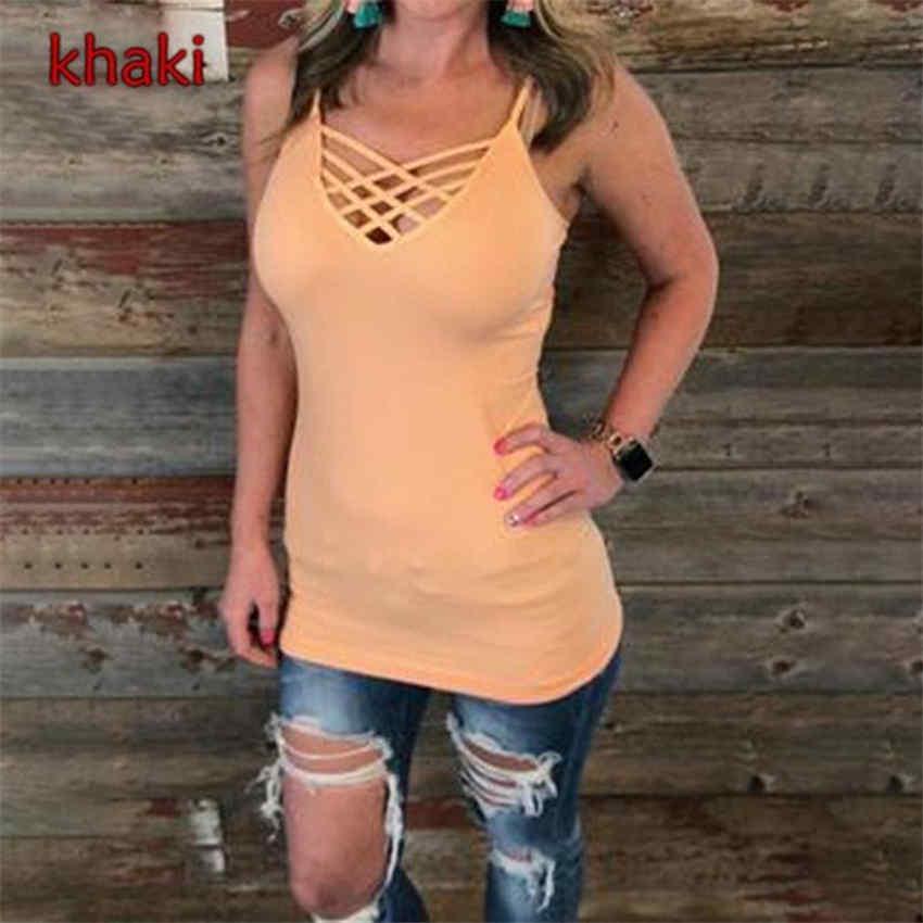 Solid Color Summer Sexy Women Top Cross Hollow V Neck Casual Vest Slim Sleeveless Camisole