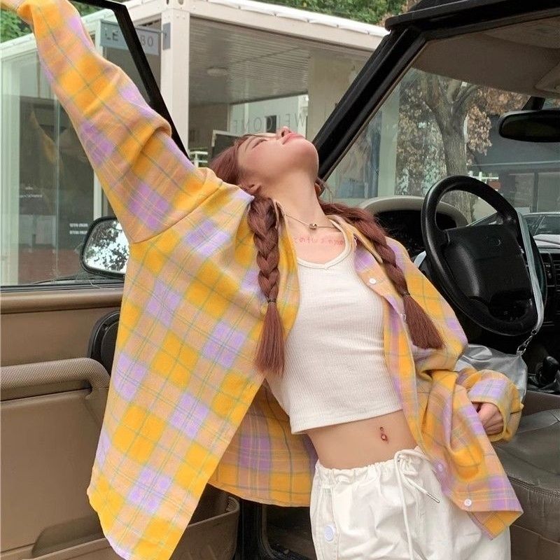 

Женская клетчатая рубашка с колор-блокингом, тонкая, свободная, повседневная, солнцезащитная, весенняя, с длинным рукавом, с лацканами, женские блузки XXL жёлтый