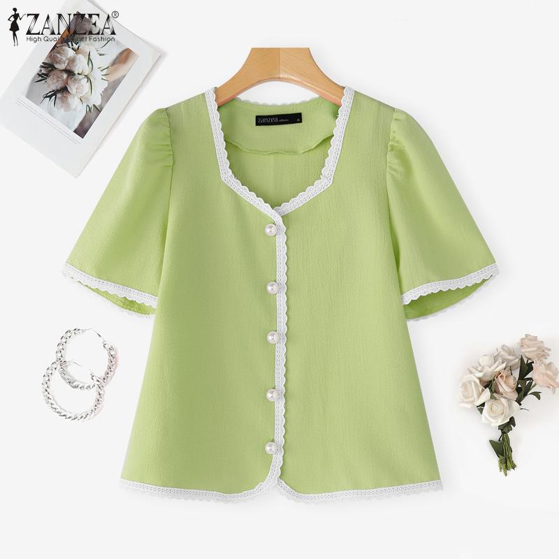 ZANZEA Women Casual Square Neck Summer Short Sleeve Splice Blouse