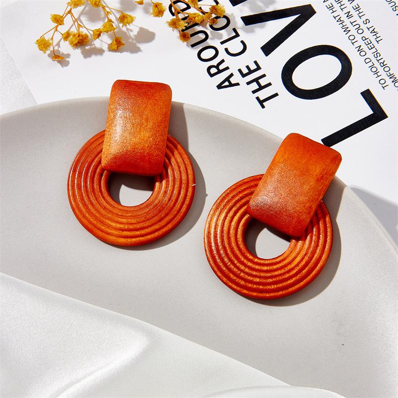 Vintage Ethnic Wooden Handmade Beaded Geometric Round Square Drop Earrings For Women Boho Style Accessories