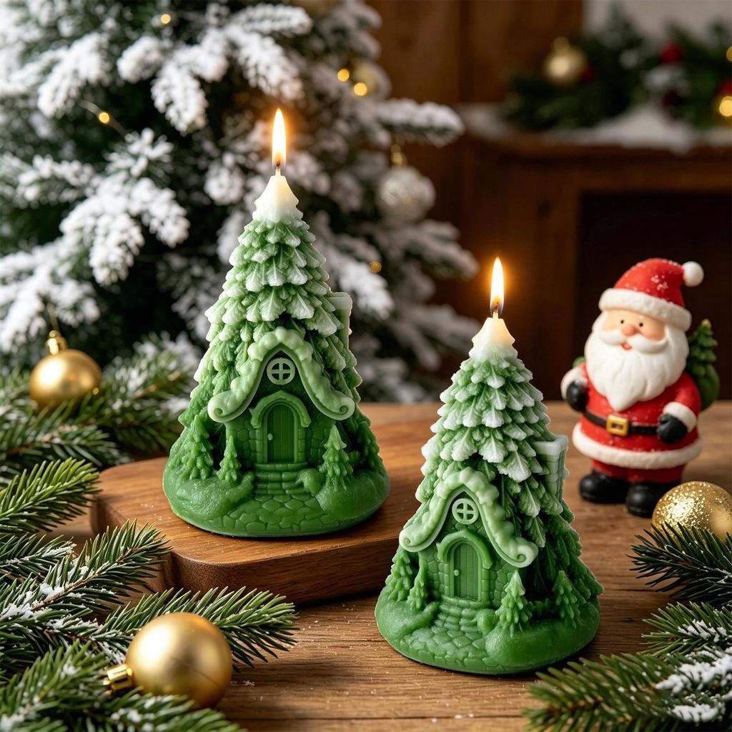 Christmas Candles Natural Safe Soy Wax Odor-Free Seasonal Holiday Candles Christmas Tree Decor for Home Kitchen Dining Table 1