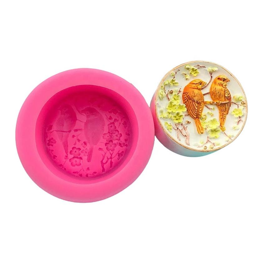 Factory Cheap Popular 3D Lovely Birds Perching on Flower Blossoms Branch Graphic Silicone Handmade Candle Loaf Soap Mold