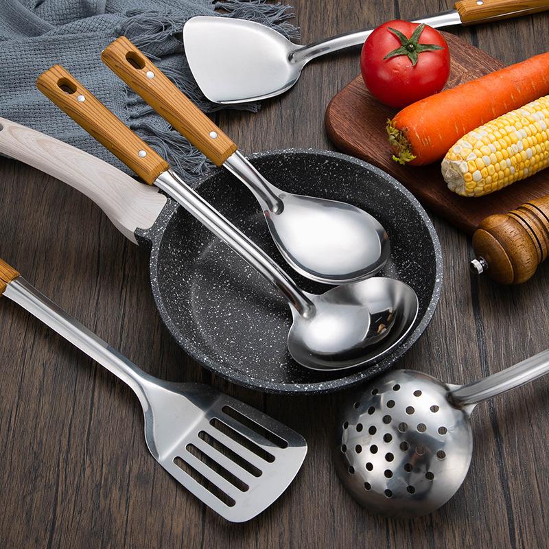 Stainless Steel Cookware Set: Anti-Scald Handle Wok Spatula, Soup Ladle, Slotted Spoon, Imitation Wood Grain, Thickened Stir-fry and Frying Tools.