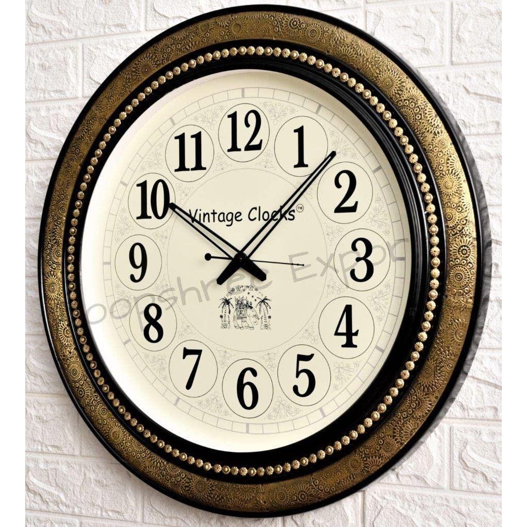 Extra Große Handgefertigte Holz-Analoguhr mit Messingintarsien / Englische Ziffern