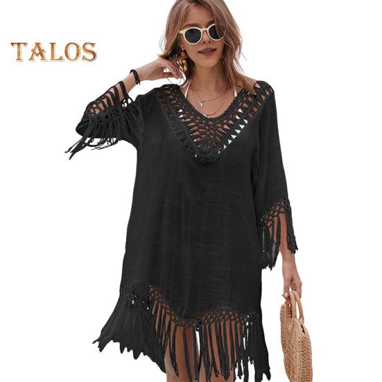 

Пляжное платье-накидка с V-образным вырезом, тканое, с ажурным вырезом, манжетами и бахромой, подол, прикрытие бикини, защита от ультрафиолета, пляжное платье чёрный