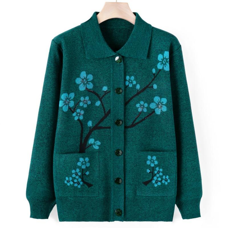 Medium Elderly Sweater Jacket Women's Autumn Mom Knitted Sweater Cardigan Top Grandma Casual Lapel Clothes
