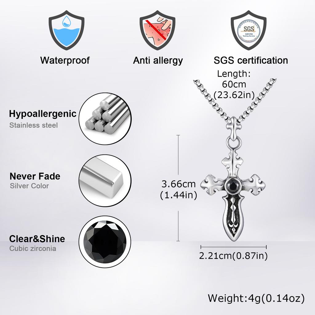 Vnox Sword Pendant with Black Zircon Necklace for Men, Stainless Steel Waterproof Box Chain Retro Punk Jewelry Gifts for Son Dad