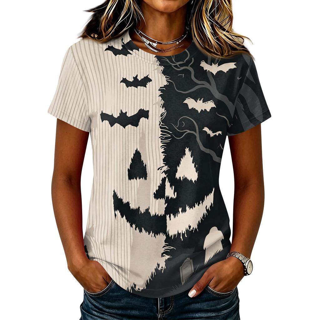 Womens Casual Pullover Short Sleeve T Shirt Halloween Graphic Print Top Lightweight Comfortable Fit