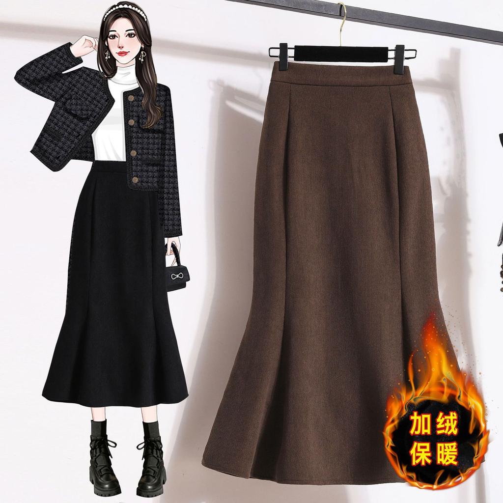 Women's High Waist Mermaid Skirt Corduroy Vintage Casual Solid Color Mid Length Long Skirt
