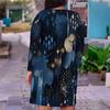 Women Plus Size V Neck Long Sleeve Printed Dark Blue Fitted Straight Dress
