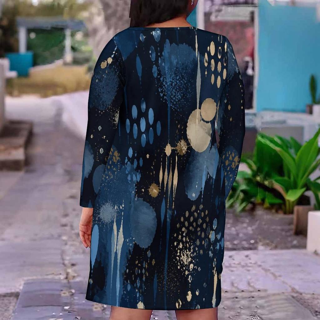 Women Plus Size V Neck Long Sleeve Printed Dark Blue Fitted Straight Dress