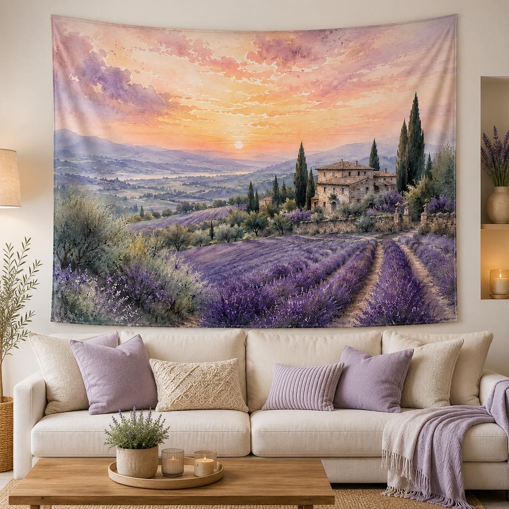 Tuscany Lavender Field Tapestry Italian Country Villa Sunset Wall Hanging, Live Streaming Background Cloth