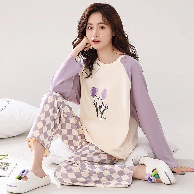 Women's pajamas spring and autumn long-sleeved trousers pure cotton two-piece suit, girls can wear cotton loungewear in autumn and winter