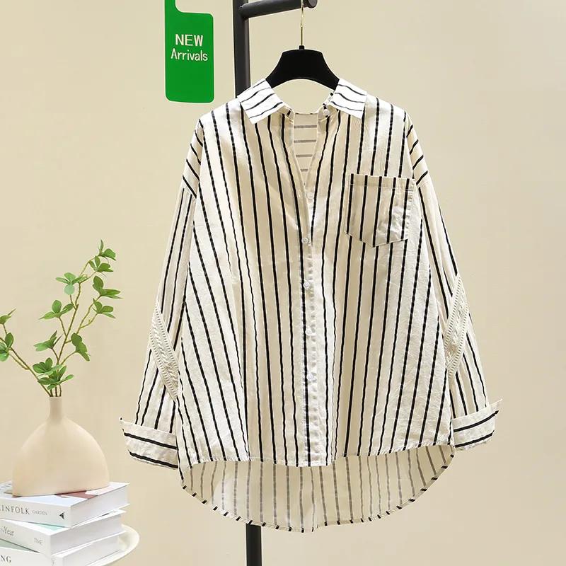 Women's Spring and Autumn Long Sleeved Medium Length Striped Shirt Casual Korean Loose Aging Shirt