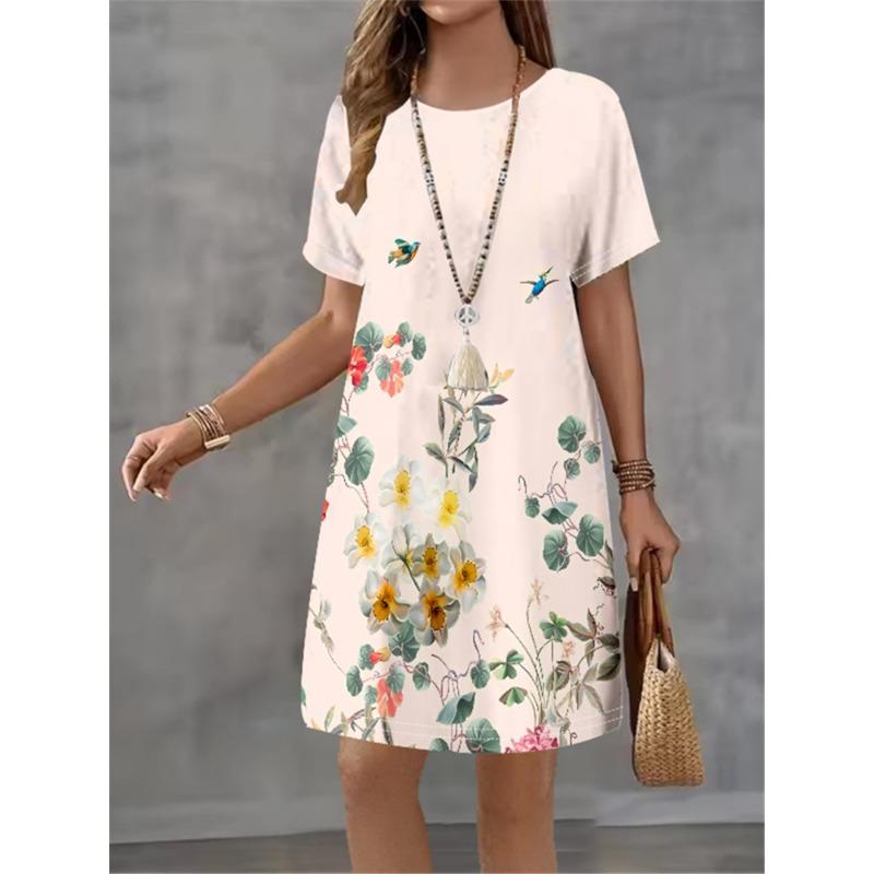 Women Dress Vintage Flower Print Pattern Design Sense Pattern Summer Elegant Women A-Line Dress Casual Short Sleeve Mini Dress