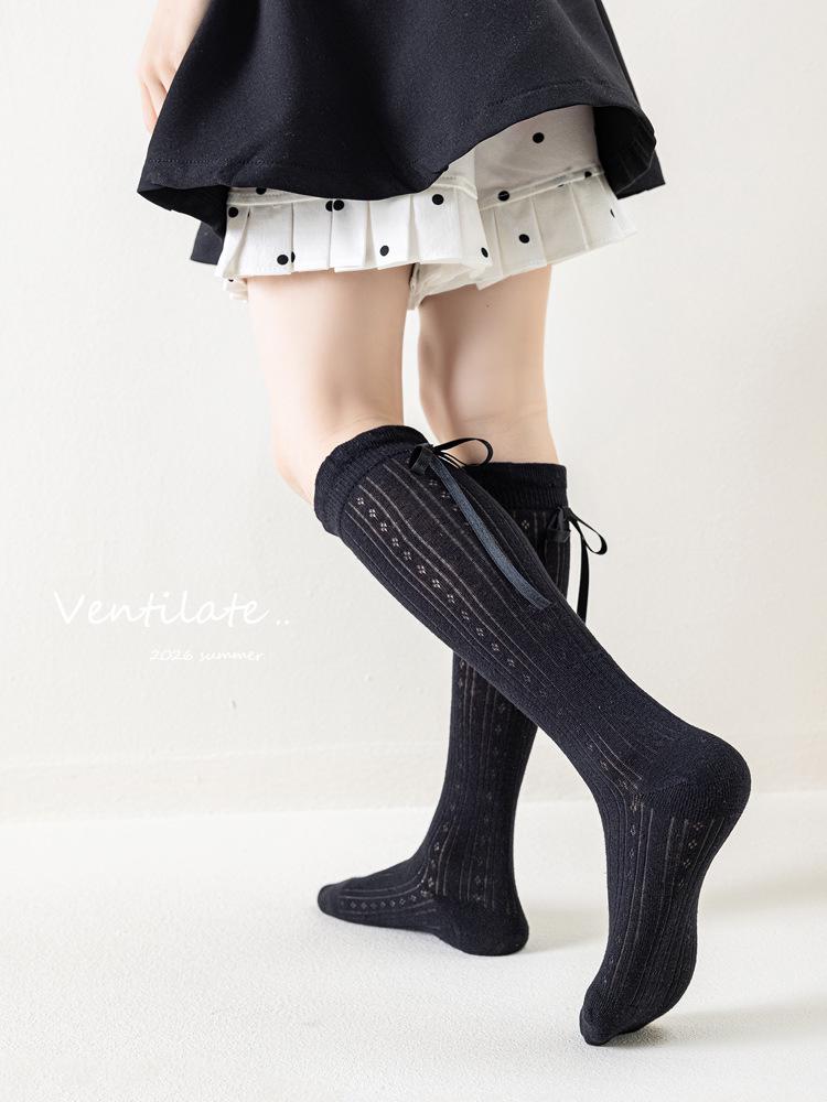 Girls' Summer Mesh Long Socks with Bowknot - Lightweight, Breathable Calf-Length Socks