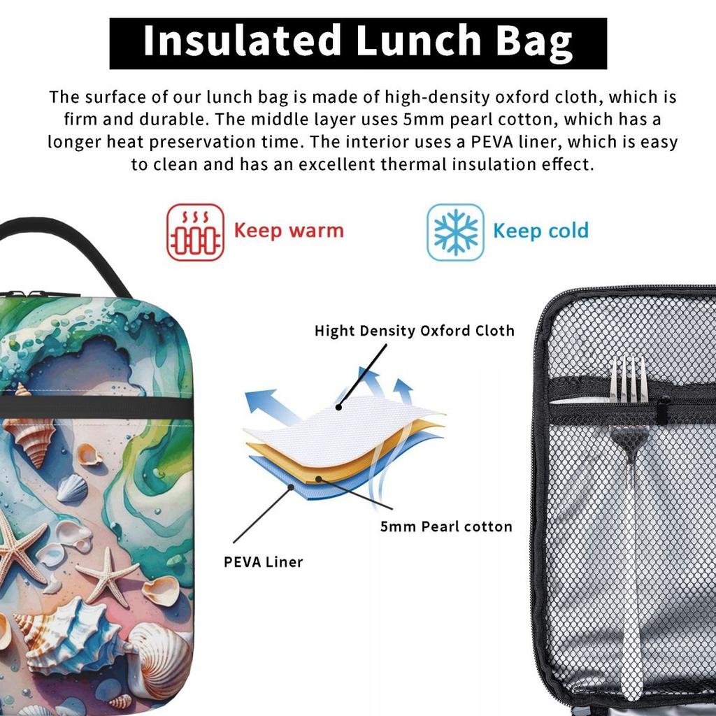 Strandmuschel- und Seesternmuster Isoliertes Lunchpaket für Damen und Kinder Tragbare Lebensmittelboxen Thermische Lunchbox Tragetasche