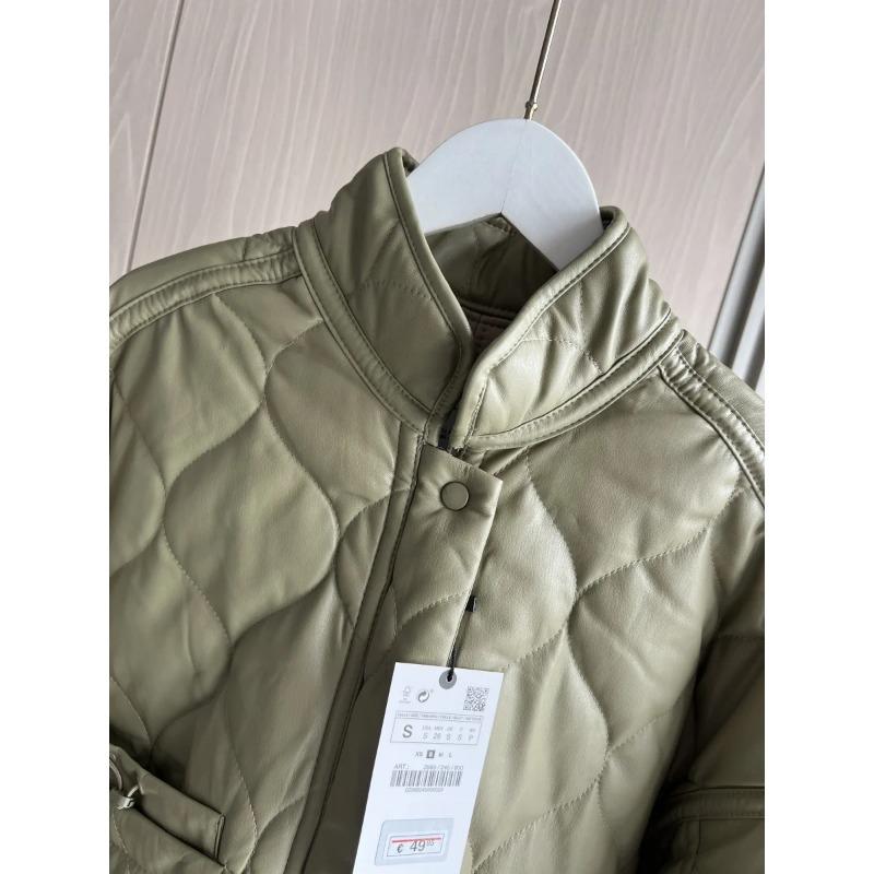 Quilted Jacket In Faux Leather with Padding - Collecting Large Pockets, and Drawstring Design - Women's Cotton Jacket