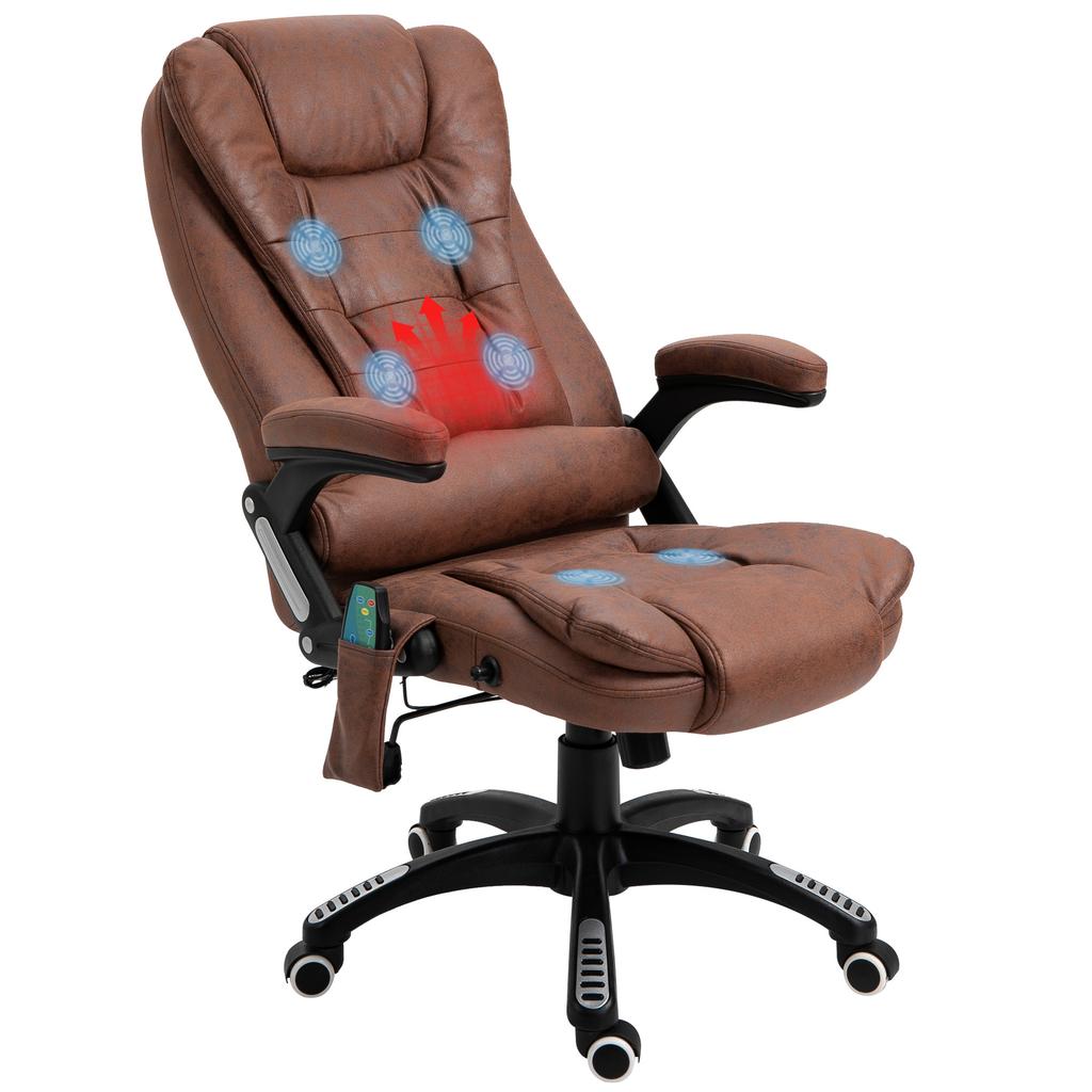 Massage Recliner Chair Heated Office Chair with Six Massage Points Microfiber Cloth 360 degrees Swivel Wheels Brown