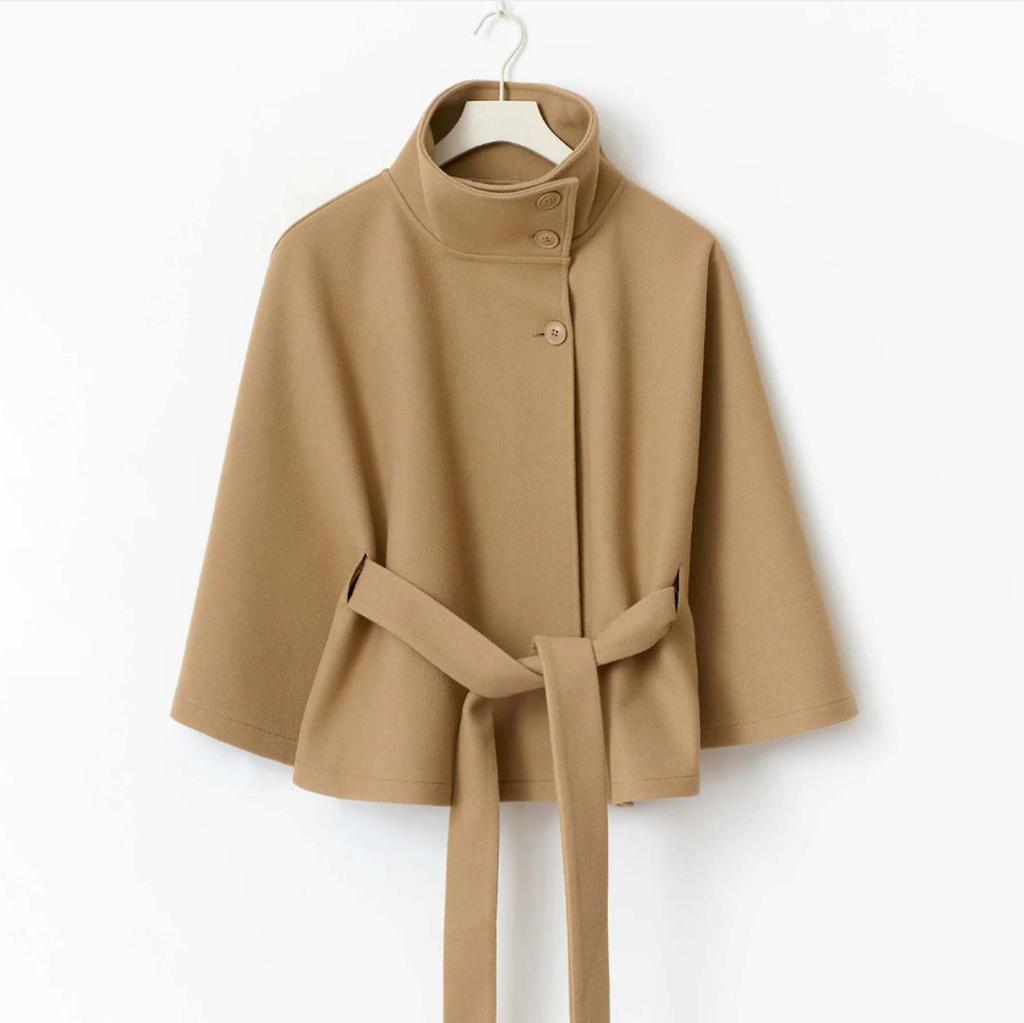 Fashion Solid Women's Lace Up Cape Coats Loose Stand Collar Batwing Sleeve Button Leisure Jackets 2025 Autumn Streetwear