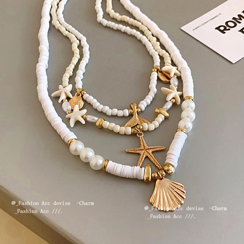 Seaside Fishtail & Starfish Pearl Pendant Necklace - Retro Clavicle Chain for Vacations