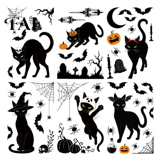 Indoor Seasonal Glass Art 6 Sheets/Set Black Cat Window Stickers, Adhesive Free Static Clings, No Residue Holiday Decorations Halloween Bat