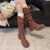 Braided rope wasteland autumn and winter women's high knee wind fringed boots slender new fashion suede but boots