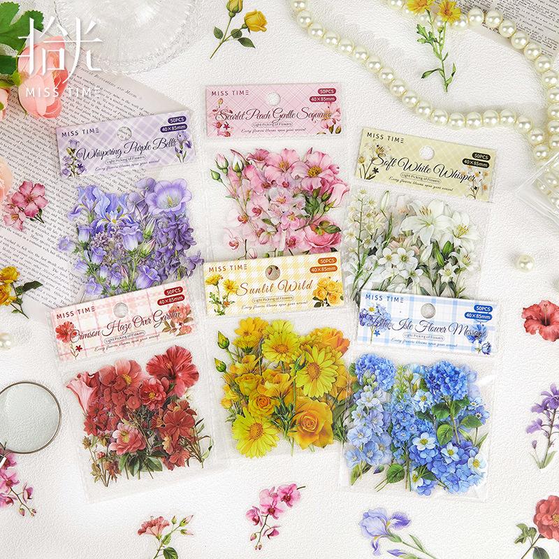 Blooming Flowers PET Sticker Pack - 30 Die-Cut Floral Sheets for DIY Collage - 6 Available Styles