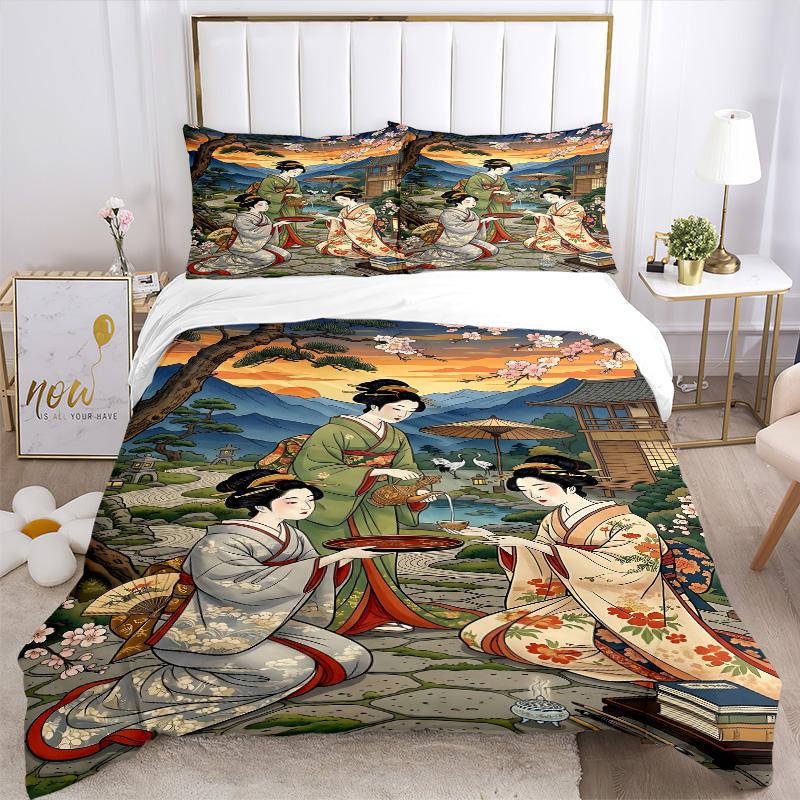 Geisha Women Traditional Attire Print 3Pcs Bedding Setduvet Cover With 2 Bedropillowcase Home Birthday Gift