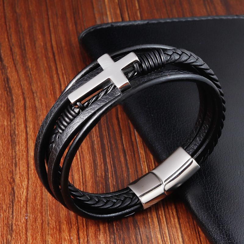 Cross Style Multi Layer Design Stainless Steel Fashion Men's Leather Bracelet Classic Gift For Men 2 Different Styles Choose