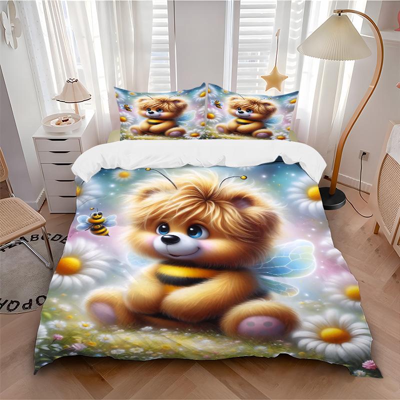 3pcs Anime Cartoon Design Bee Bear Bedding Set - Includes One Quilt Cover and Two Pillowcases (No Core) - Polyester Fabric, Suitable for Bed