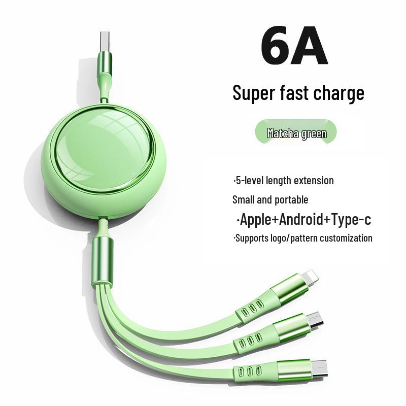 

Three-in-One Retractable 6A Fast Charging Cable for Apple, Android, and Type-C Devices