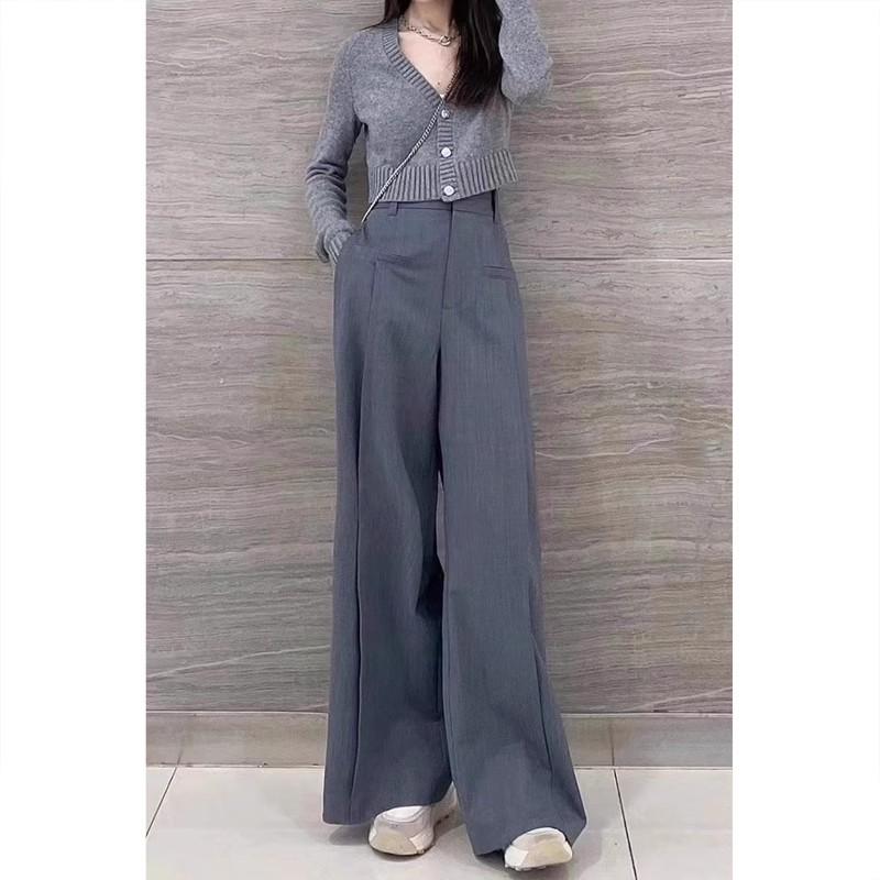 

New women s pocket suit pants for spring and autumn, high-waisted, smooth drape, casual pants, slim-fit business trousers S серый